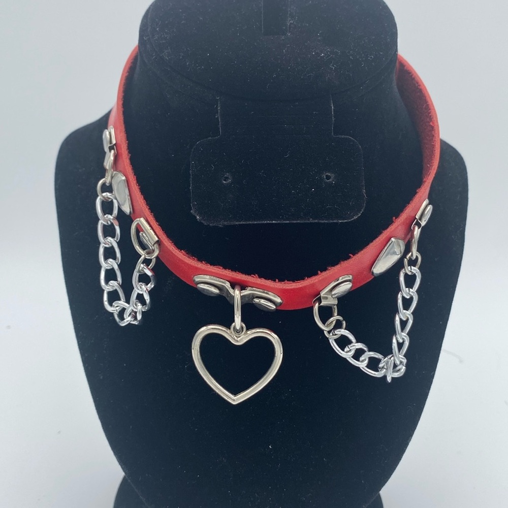 Punk Goth love heart tassel chain red leather adjustable choker necklace collar